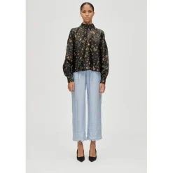 Dame Stine Goya 2067 Flat Textured Poly, Gathered Ruffle Long Sleeve Top