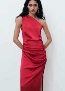 MANGO Asymmetrical satin dress with side 77 New