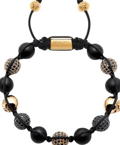 Nialaya Men's Beaded Bracelet with Matte Onyx and /Gold CZ Diamonds