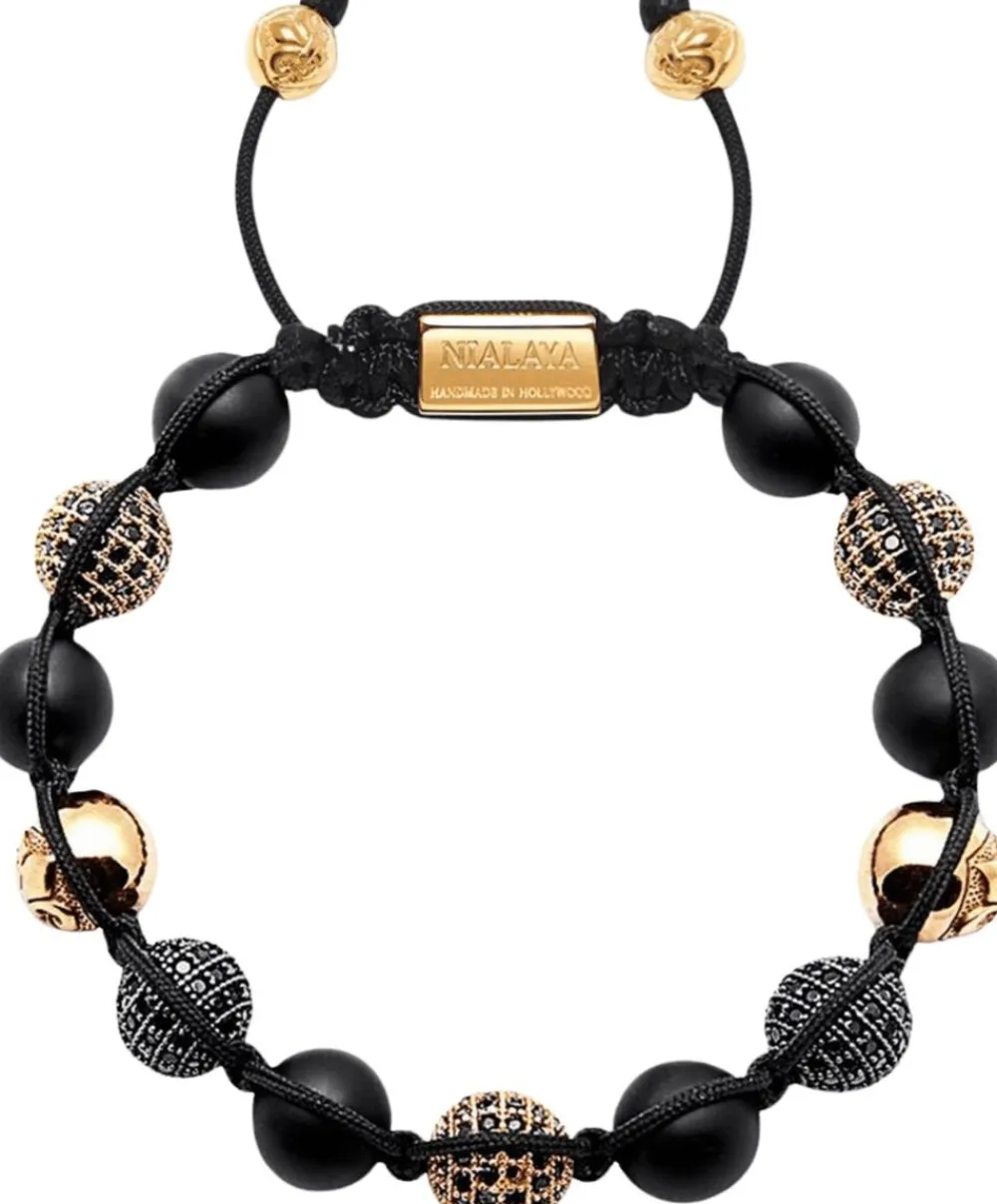 Nialaya Men's Beaded Bracelet with Matte Onyx and /Gold CZ Diamonds