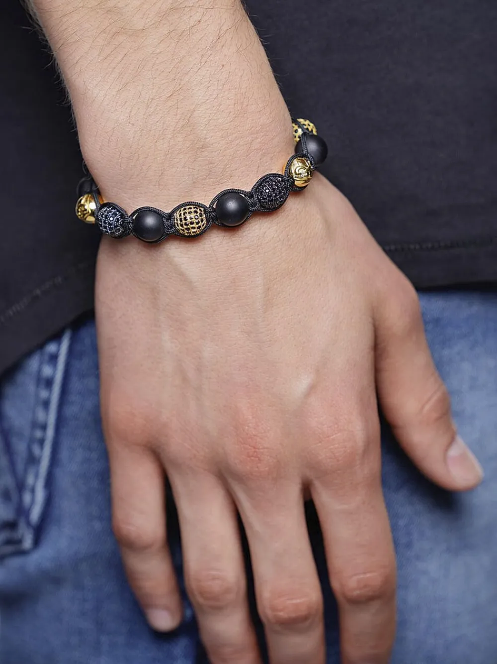 Nialaya Men's Beaded Bracelet with Matte Onyx and /Gold CZ Diamonds