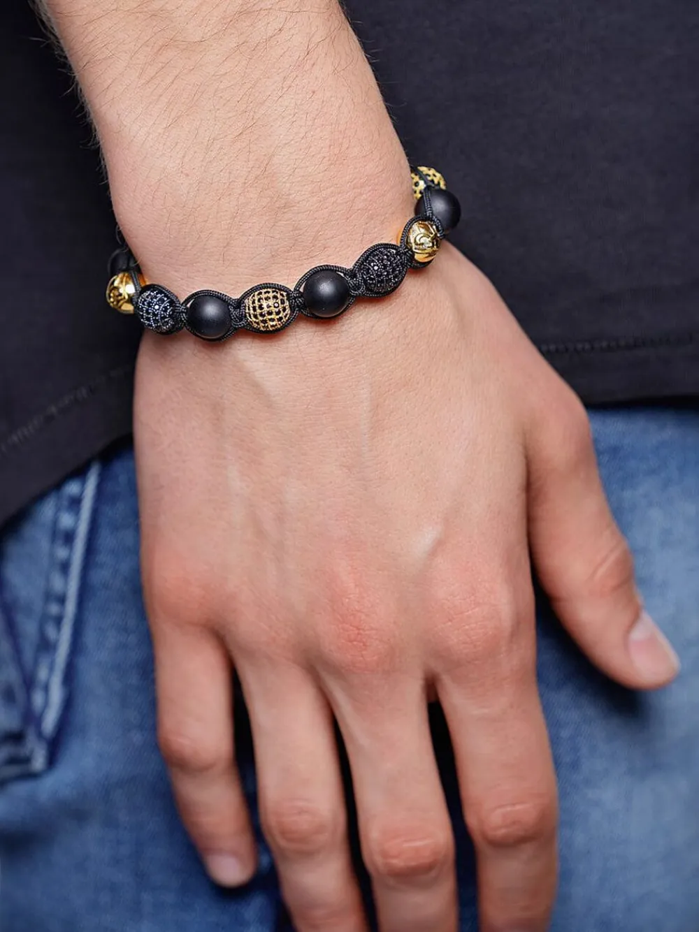 Nialaya Men's Beaded Bracelet with Matte Onyx and /Gold CZ Diamonds