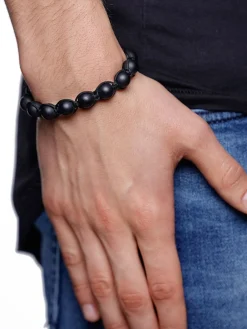 Nialaya Men's Beaded Bracelet with Silver and Matte Onyx Black Online