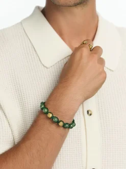 Men's Beaded Bracelet with Matte Green, Glossy Green Ceramic & Silver><noscript><img width=
