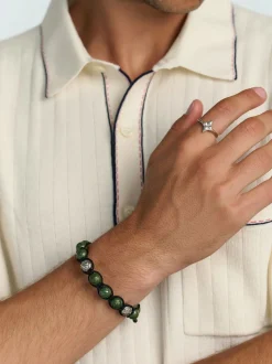 Men's Beaded Bracelet with Matte Green, Glossy Green Ceramic & Silver><noscript><img width=