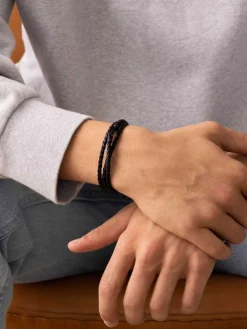 Men's Black Wrap Around Leather Bracelet><noscript><img width=