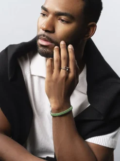 Nialaya Men's Green Woven 8mm Box Chain Bracelet in Silver