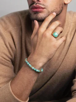 Nialaya Men's Hexagon Beaded Bracelet with Green and Gold