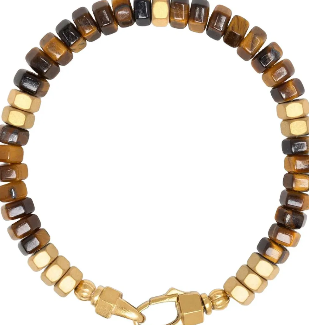 Nialaya Men's Hexagon Beaded Bracelet with Tiger Eye and Gold Brown Sale