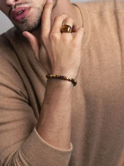 Nialaya Men's Hexagon Beaded Bracelet with Tiger Eye and Gold Brown Sale