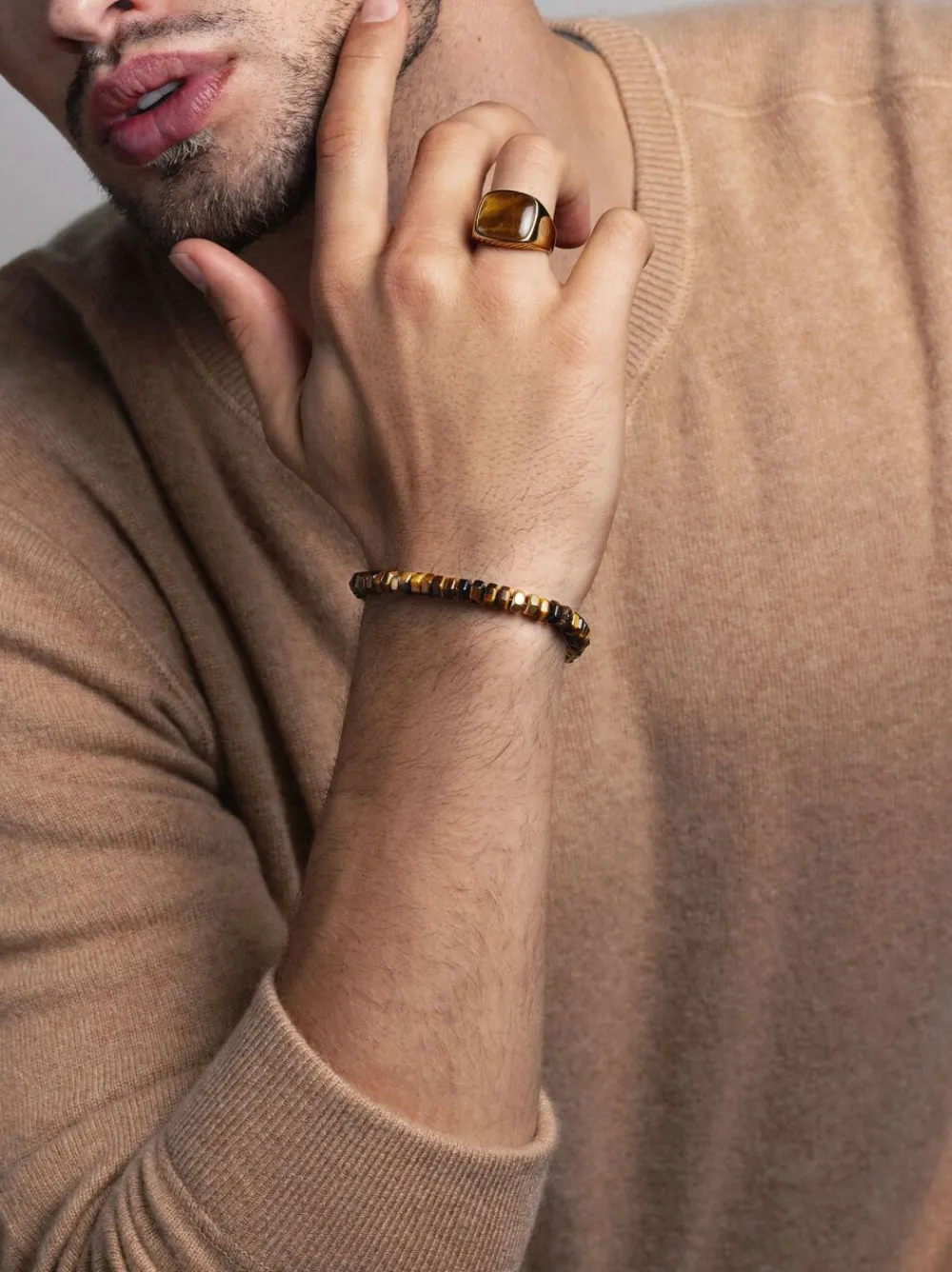 Nialaya Men's Hexagon Beaded Bracelet with Tiger Eye and Gold Brown Sale