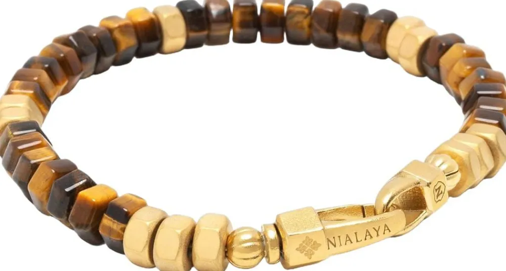Nialaya Men's Hexagon Beaded Bracelet with Tiger Eye and Gold Brown Sale