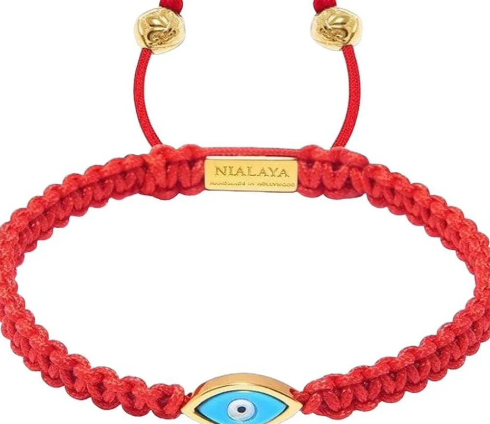 Nialaya Men's String Bracelet with Gold Evil Eye