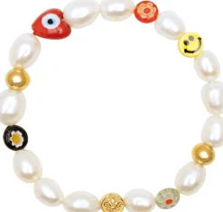 Nialaya Men's Smiley Face Pearl Bracelet Multi Clearance