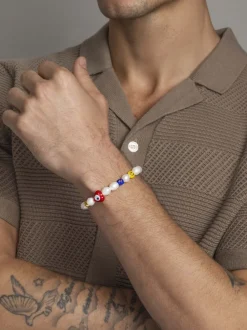 Nialaya Men's Smiley Face Pearl Bracelet Multi Clearance