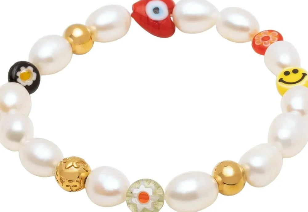 Nialaya Men's Smiley Face Pearl Bracelet Multi Clearance