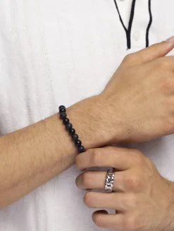 Nialaya Men's Wristband with Lava Stone, Matte Onyx and Logo B Black