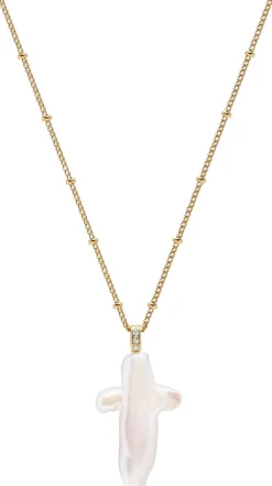 Nialaya Pearl Cross Chain Necklace Gold