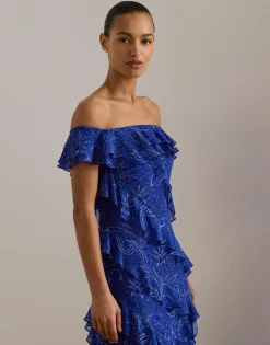 Lauren Ralph Lauren Print Ruffle-Trim Off-the-Shoulder Gown Blue multi Clearance