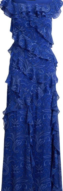 Lauren Ralph Lauren Print Ruffle-Trim Off-the-Shoulder Gown Blue multi Clearance