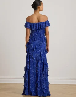 Lauren Ralph Lauren Print Ruffle-Trim Off-the-Shoulder Gown Blue multi Clearance