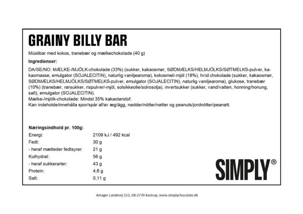 Simply Chocolate Simply® GRAINY BILLY chokoladebar (40g)