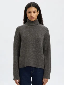 Selected SLFLULU LS KNIT ROLL NECK NOOS Grå Sale