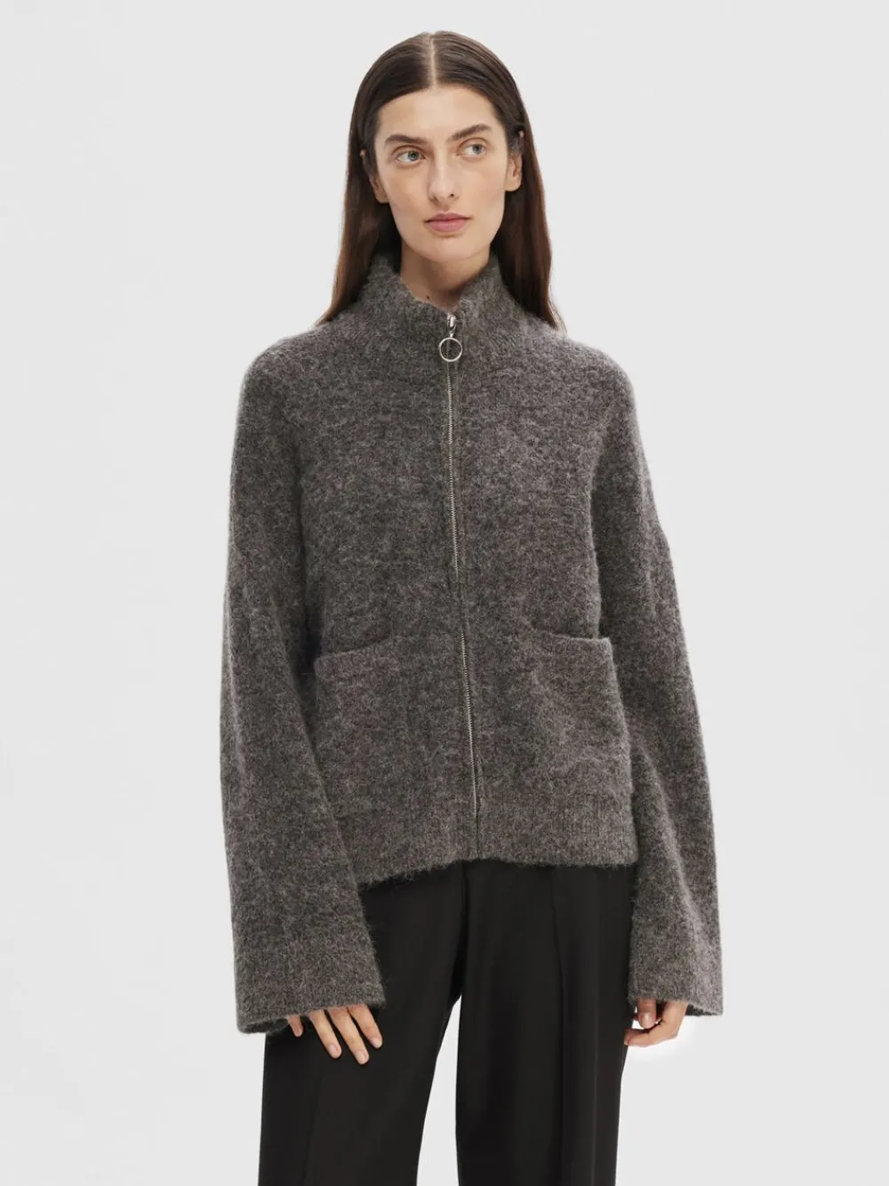 Dame Selected SLFSIA RAS LS ALPACA BLEND KNIT ZIPPER CARDIGAN