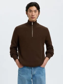 Selected SLHDANE LS KNIT STRUCTURE HALF ZIP Brun