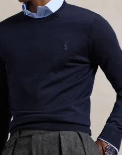 Polo Ralph Lauren Slim Fit Washable Wool Crewneck Sweater Blå Clearance